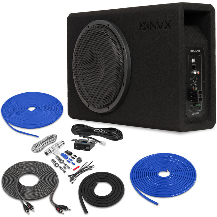 QB12SPA 1200W Peak (350W RMS) Single 10" Amplified Ported Loaded Subwoofer Enclosure with Remote Bass Knob and Amplifier Wiring Kit