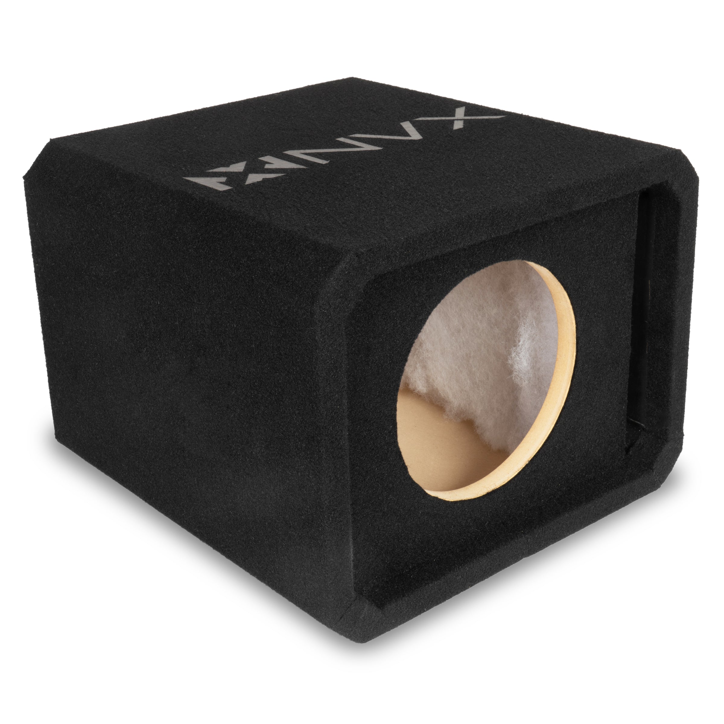 NVX empty subwoofer box showing internal polyfill placement on the rear wall